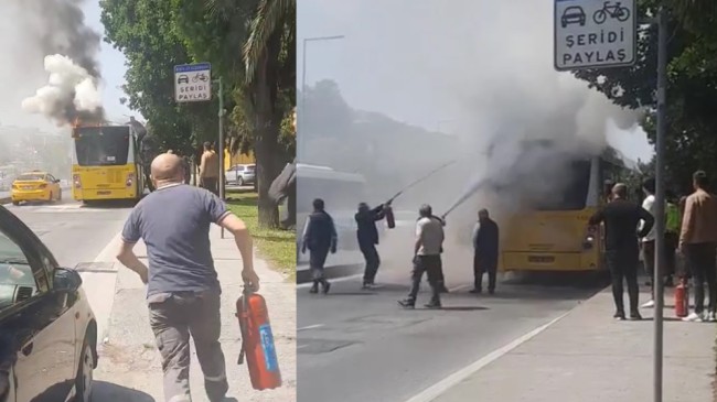 Yanan İETT otobüsüne vatandaşlar yangın söndürme tüpüyle müdahale etti