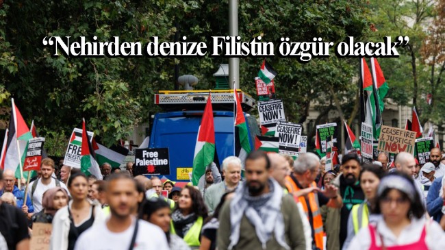 Londra’da binlerce kişiden tek slogan: “Nehirden denize Filistin özgür olacak”